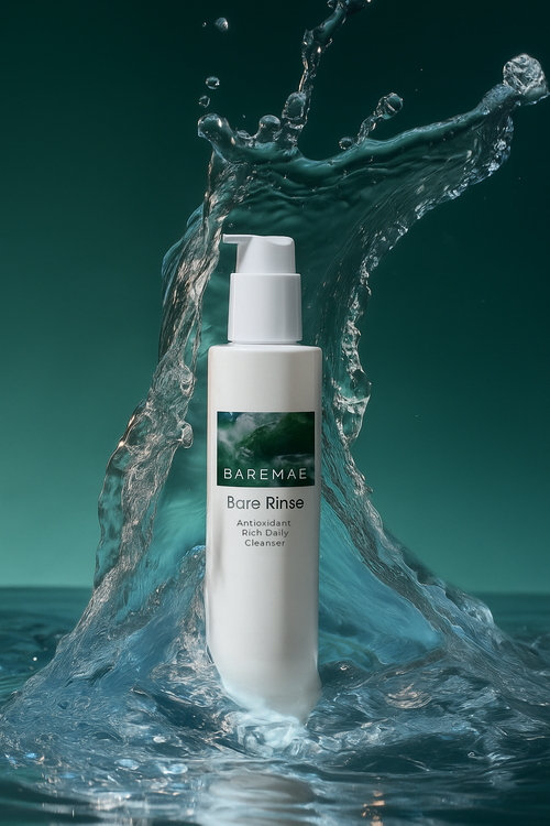 BAREMAE botanical gel cleanser Bare Rinse antioxidant rich daily gel cleanser bottle with water splash